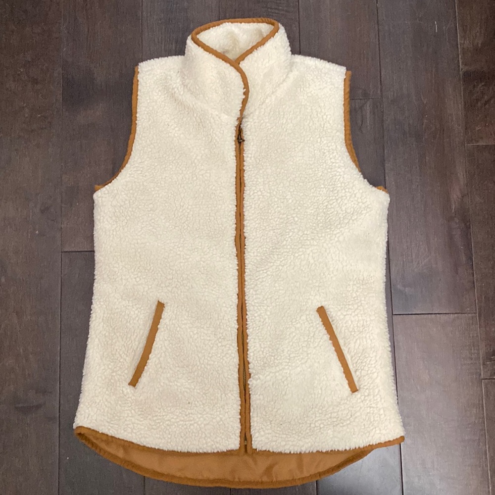 Cream Sherpa Vest with brown trim